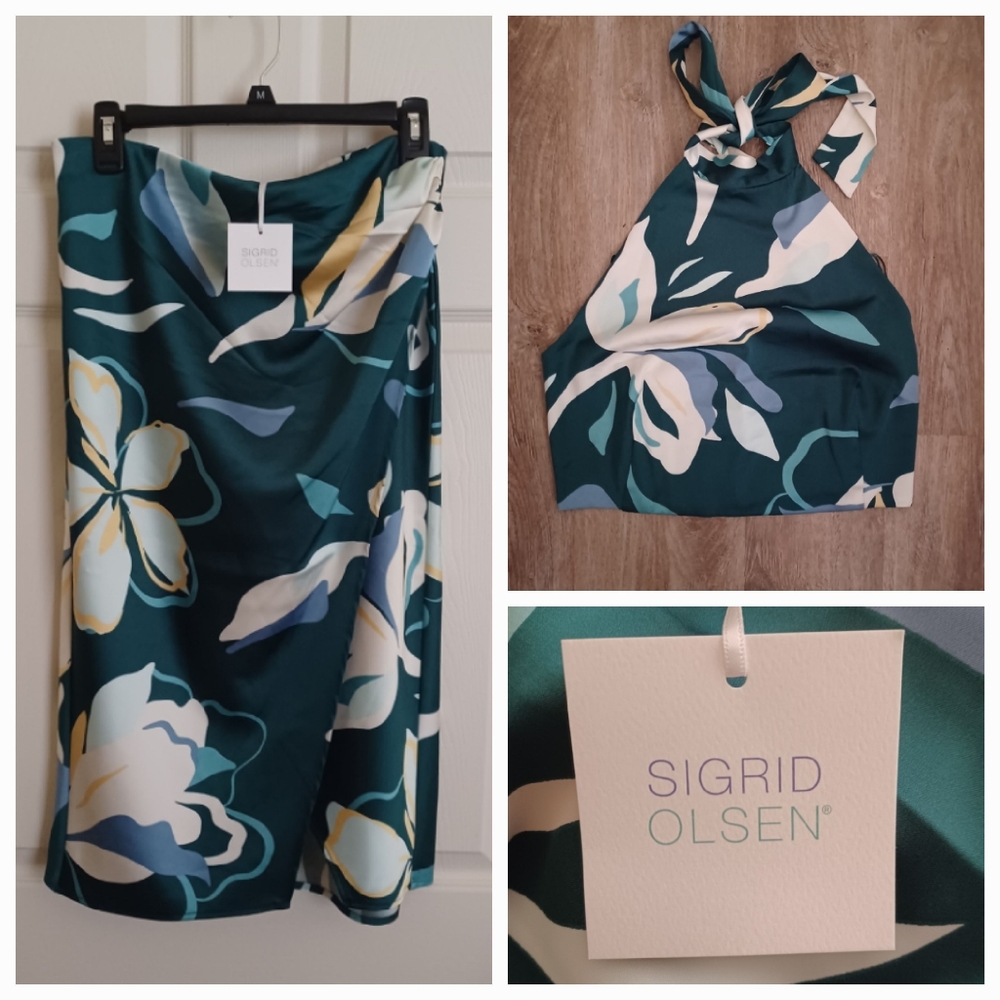 Sigrid Olsen Two-Piece Jade Green Floral Halter Top and Faux Wrap Skirt ** SZ M